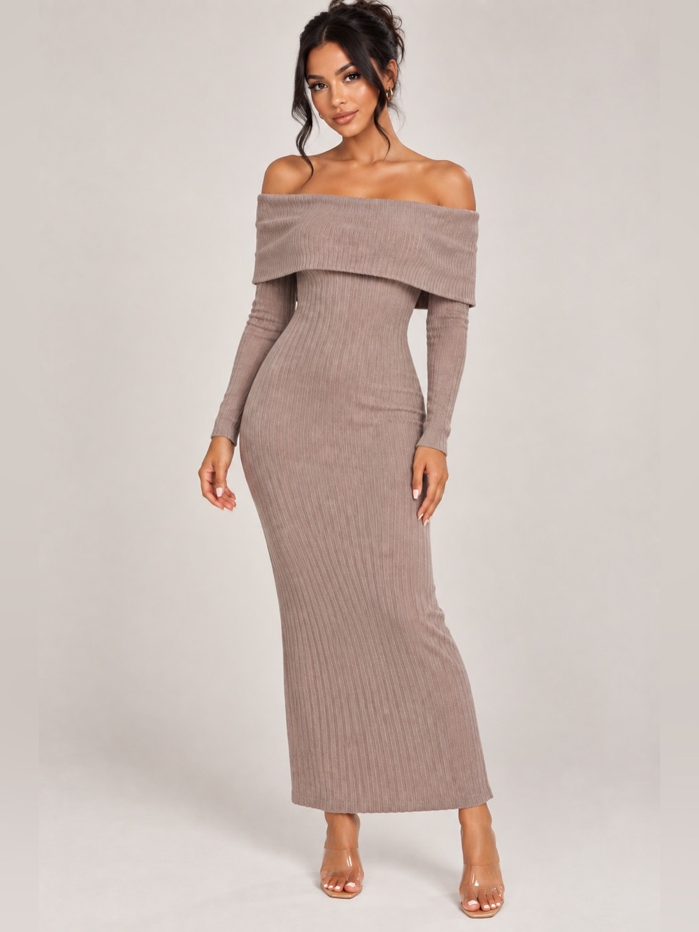 House of CB Anfisai Tan Ribbed Off The Shoulder Sweater Dress Size Small